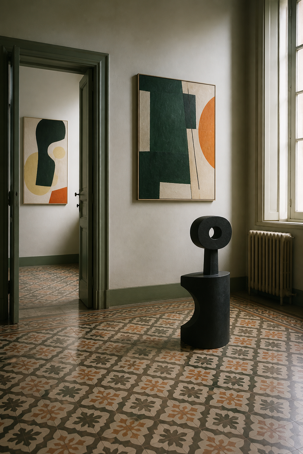 Exposición ficticia de arte abstracto instalada en una habitación doméstica